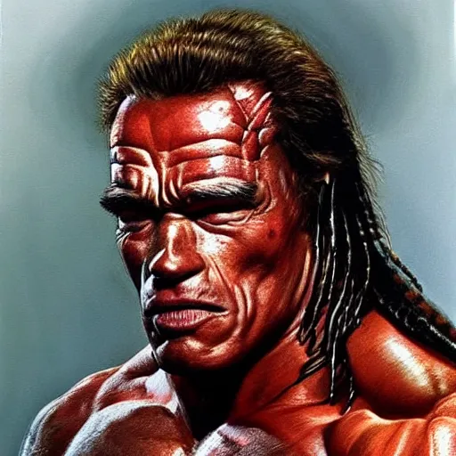 Image similar to arnold schwarzenegger as a predator, looks photorealistic, hyper-detailed portrait