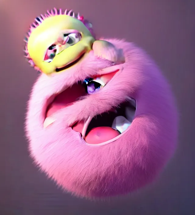 Image similar to high quality 3 d render hyperrealistic very cute big pink little spherical creature with big happy mouth, smile, plush mascot, short spiky dense fluffy smooth hair, isometric view, pink fluffy fur, 1 5 0 mm, beautiful natural soft light, rim light, smooth background, artstation, ultra detailed, elegant, ultra detailed, metallic armor, octane render