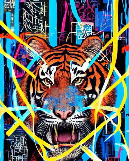 Prompt: a cyberpunk portrait of a tiger by jean - michel basquiat, by hayao miyazaki by artgerm, highly detailed, sacred geometry, mathematics, snake, geometry, cyberpunk, vibrant, reggae