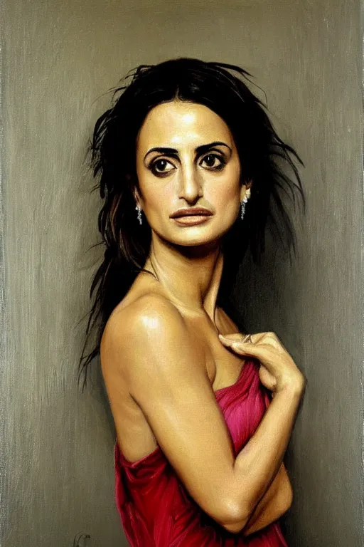 Image similar to oil painting, portrait of penelope cruz, artwork by caravaggio