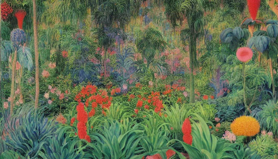 Image similar to a painting by monet, bosch, wayne barlowe, agnes pelton, rene magritte of a botanical garden full of tropical plants, huge plants, succulents, very colourful, vivid colourful plants, lush garden