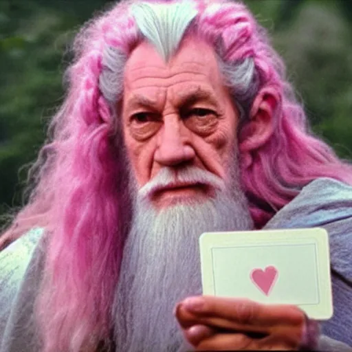 Prompt: portrait of gandalf wearing a large pink hair bow, holding a blank playing card up to the camera, movie still from the lord of the rings