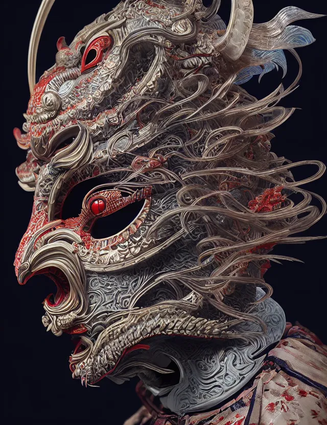 Image similar to 3 d demon in venetian mask close - up profile portrait. beautiful intricately detailed japanese crow kitsune mask and clasical japanese kimono. betta fish, jellyfish phoenix, bio luminescent, plasma, ice, water, wind, creature, artwork by tooth wu and wlop and beeple and greg rutkowski