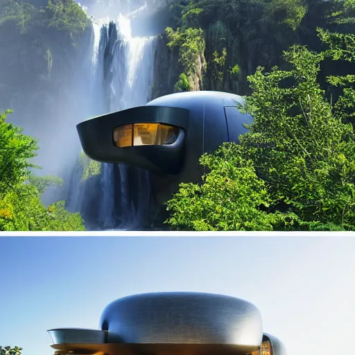 Image similar to a futuristic modern house, on a floating rock island, alien planet covered in water, multiple waterfalls, multiple moons glowing, stars, frank gehry