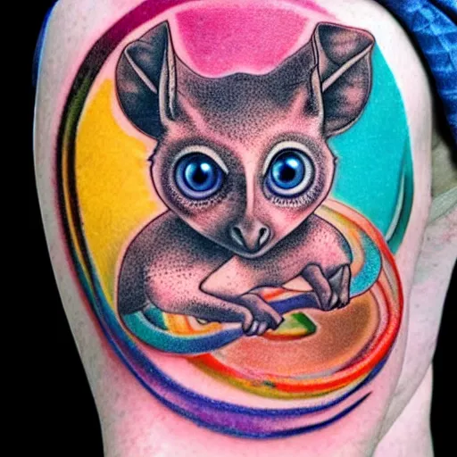 Prompt: shoulder tattoo of a multicolored trippy bushbaby with rainbow colored spiral eyes, surrounded with a ring of colorful shrooms, insanely integrate