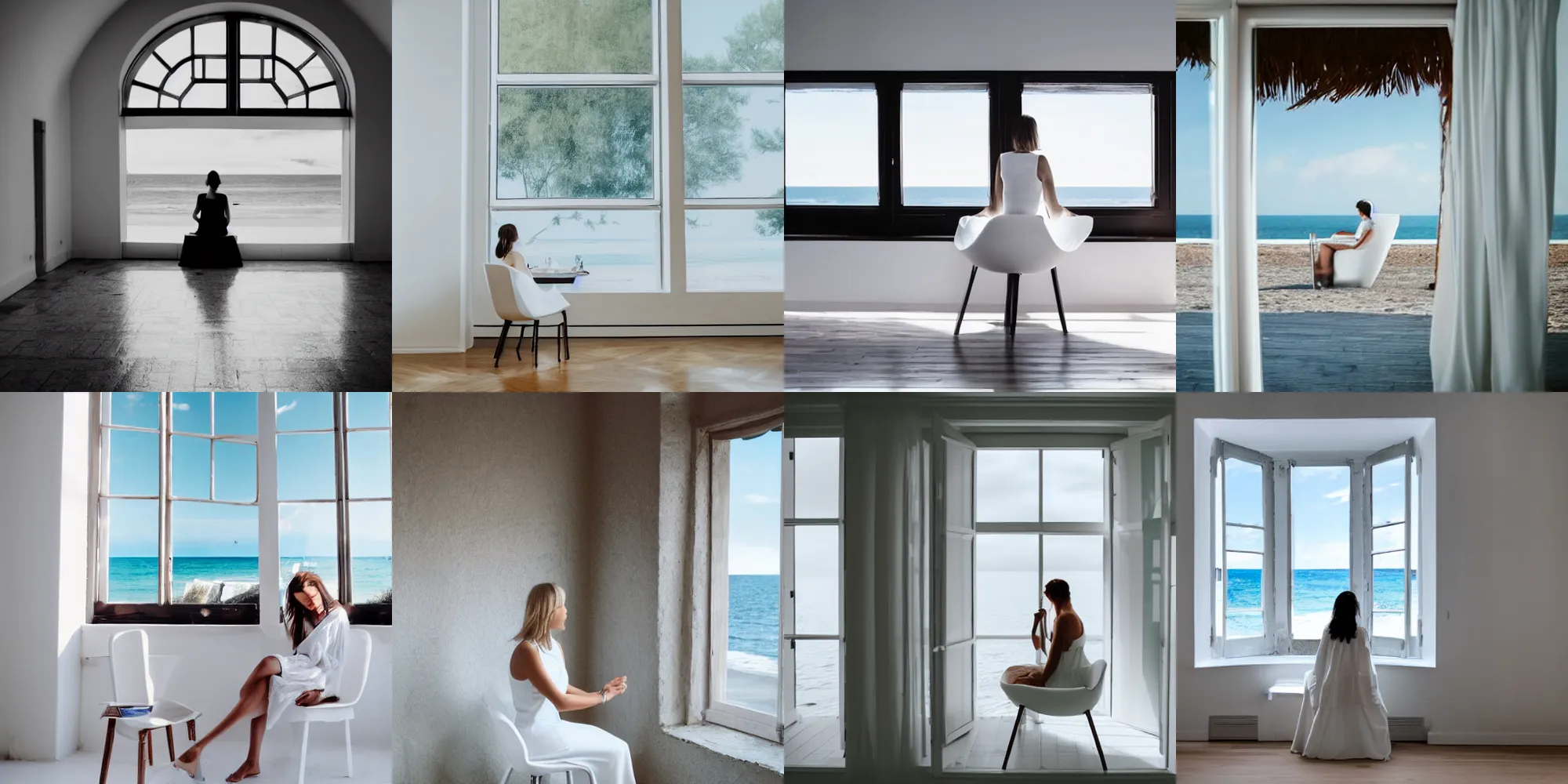 Prompt: a woman in a white dress sitting on chair in a white room in vanice, there is a window to the sea