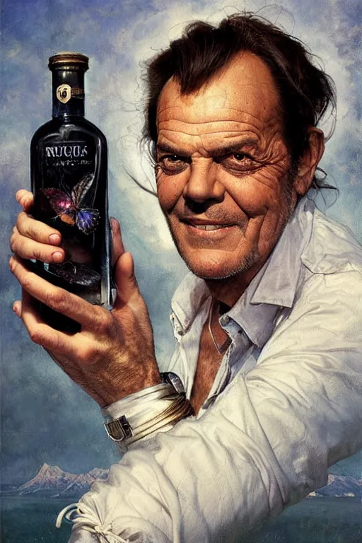 Prompt: a ship in a bottle but instead of a ship it is jack nicholson in the bottle, painting by artgerm, greg rutkowski, edgar maxence, norman rockwell, tom bagshaw