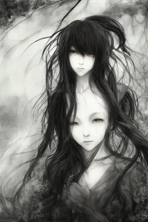 Image similar to a portrait of a character in a scenic environment by Yoshitaka Amano, black and white, dreamy, dark eyes, wavy long black hair, highly detailed