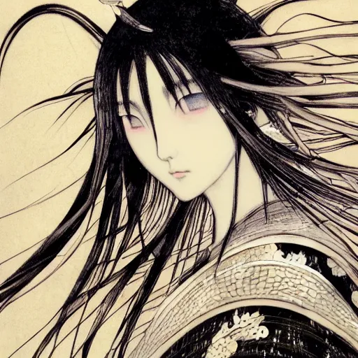 Image similar to yoshitaka amano blurred and dreamy realistic illustration of a japanese woman with black eyes, wavy white hair fluttering in the wind wearing elden ring armor with engraving, abstract patterns in the background, satoshi kon anime, noisy film grain effect, highly detailed, renaissance oil painting, weird portrait angle, blurred lost edges, three quarter view