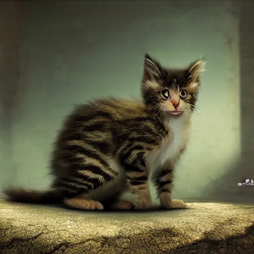 Image similar to a wonky kitten, strange color , dramatic lighting, cinematic, establishing shot, extremely high detail, foto realistic, cinematic lighting, post processed, concept art, high details, cinematic, 8k resolution, beautiful detailed, photorealistic, digital painting, artstation, concept art, smooth, sharp focus, artstation trending, octane render, unreal engine