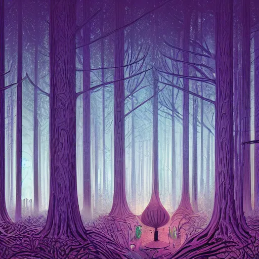 Image similar to a tall glowing maze in the dark forest, digital painting by Dan Mumford and James Jean and Greg Rutkowski, panoramic view, light and shadow