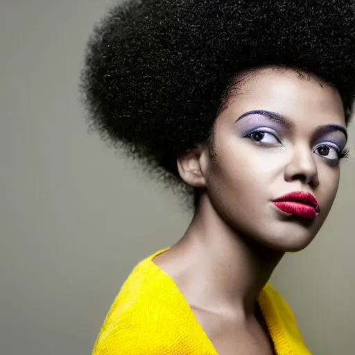 Image similar to a realistic model photoshoot of a black girl with yellow afro hair, beautiful, model, professional picture, realistic, 4 k, bright light, portrait