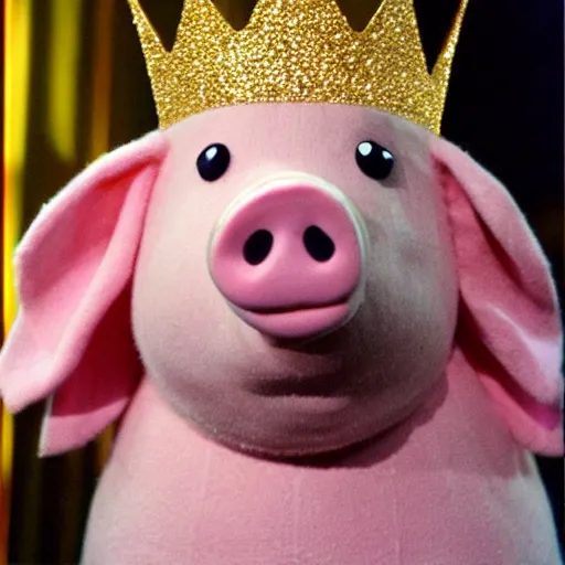 Image similar to pig wearing a gold crown in the style of sesame street