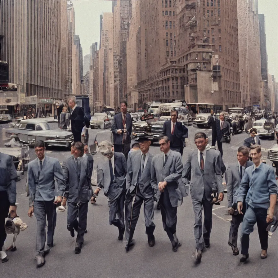 Prompt: a group of men walking down a street next to tall buildings in new york, ultra detailed hyper realistic lifelike, photographed on colour film, 1 9 6 0 s, photo taken with ektachrome, featured on flickr, film grain