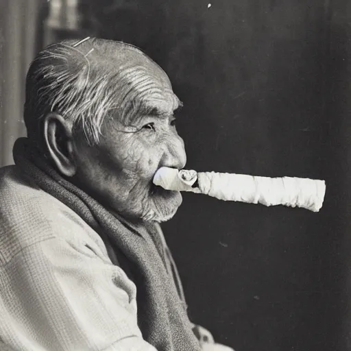 Image similar to photograph of an elderly hui muslim man looking at the camera and smoking a pipe