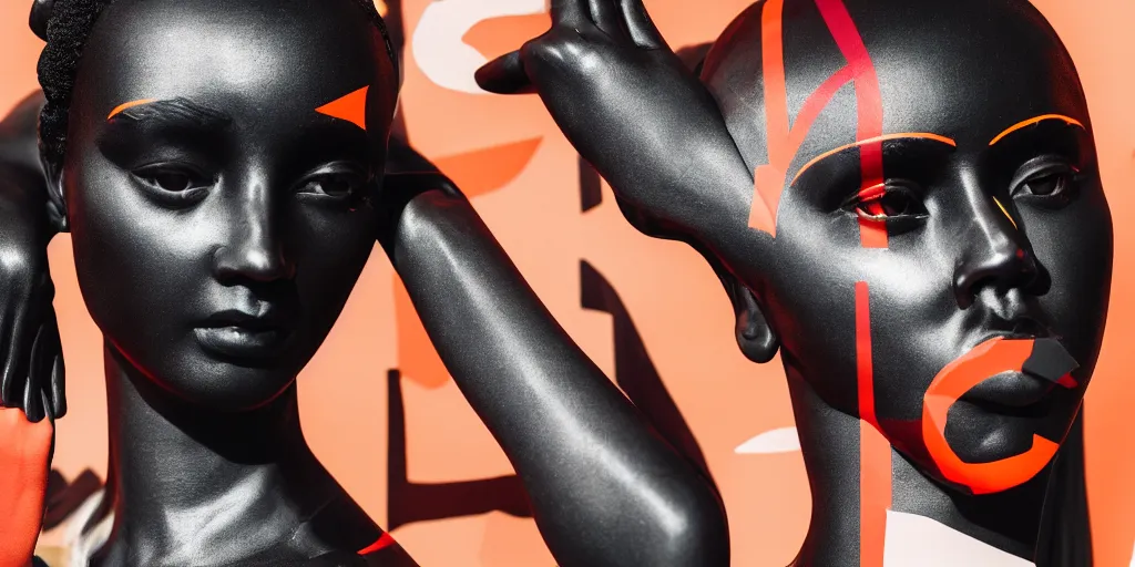 Image similar to close up portrait of extremely beautiful female black marble statue in the style of virgil abloh, colorful motocross logos behind her, sharp focus, clear, detailed,, cinematic, detailed, off white, glamourous, symmetrical, vogue, editorial, fashion, magazine shoot, glossy