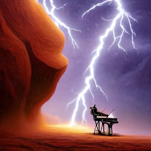 Image similar to UHD closeup of a Photorealistic Robot playing the piano during a stunning lightning storm on Mars, with a cool pose, by Antonio Caparo and Ferdinand Knab and Greg Rutkowski, UHD, photorealistic, trending on artstation, trending on deviantart