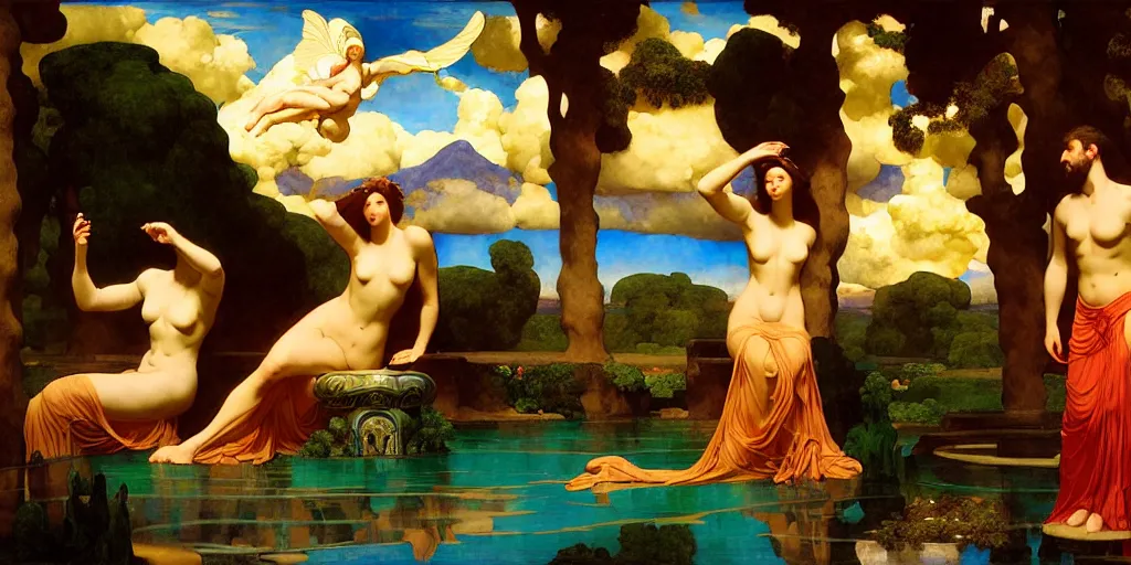 Image similar to an oasis in the middle of the desert, an art deco painting by Frederic Leighton and Daniel Maclise and Rolf Armstrong and Evelyn De Morgan and Bastien Lecouffe-Deharme, dutch golden age, dramatic lighting, high contrast colors, baroque, empyrean, panoramic view, cgsociety, highly detailed, doom engine,