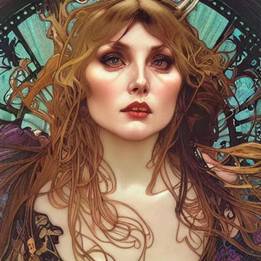 Prompt: realistic detailed face portrait of Debbie Harry by Alphonse Mucha, Ayami Kojima, Amano, Charlie Bowater, Karol Bak, Greg Hildebrandt, Jean Delville, and Mark Brooks, Art Nouveau, Neo-Gothic, gothic, rich deep moody colors