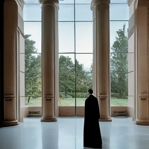 Image similar to Batman standing in giant Italian modern castle living room, clean minimalist design, that is 1300 feet tall, with very tall giant walls filled with modern art paintings, doors that are cosmic portals, photo by Annie Leibovitz