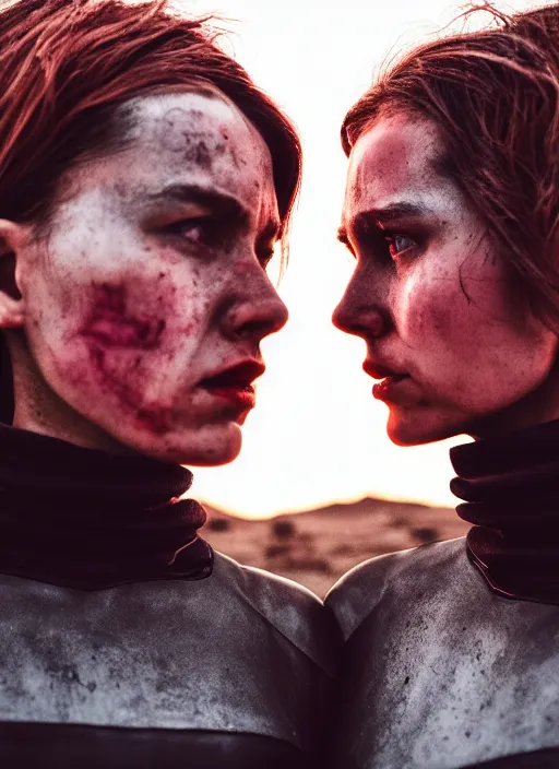 Image similar to cinestill 5 0 d photographic portrait of two loving female androids wearing rugged black techwear on a desolate plain with a red sky, extreme closeup, cyberpunk style, in front of a brutalist dark metal facility, dust storm, 8 k, hd, high resolution, 3 5 mm, f / 3 2, ultra realistic faces, ex machina