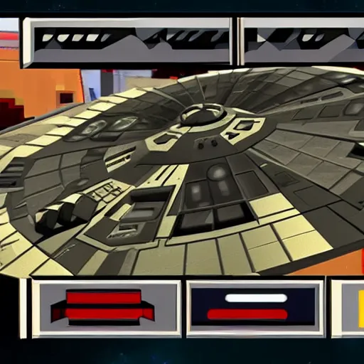 Image similar to screenshot from a Nintendo 64 game featuring the millennium falcon, low polygon, 90s video game aesthetic