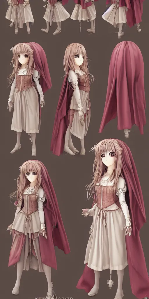 Image similar to A narcoleptic anime girl game character, renaissance style dress, doll-like, character design sheet, detailed eyes, HDR