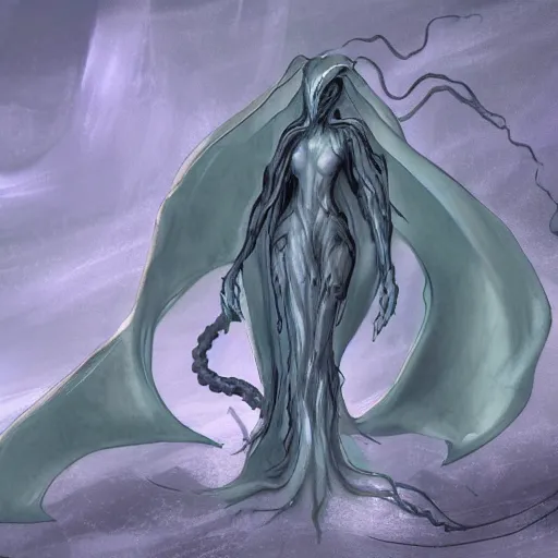 Image similar to concept designs for an ethereal ghostly wraith like figure with a squid like parasite latched onto its head and long tentacle arms that flow lazily but gracefully at its sides like a cloak while it floats around a frozen rocky tundra in the snow searching for lost souls and that hides amongst the shadows in the trees, this character has hydrokinesis and electrokinesis for the resident evil village video game franchise with inspiration from the franchise Bloodborne and the mind flayer from stranger things on netflix in the style of a marvel comic