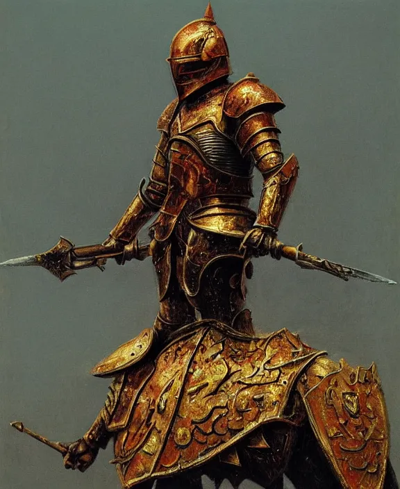 Image similar to royal knight in golden sun ornament armor, dismounted, beksinski, trending on artstation