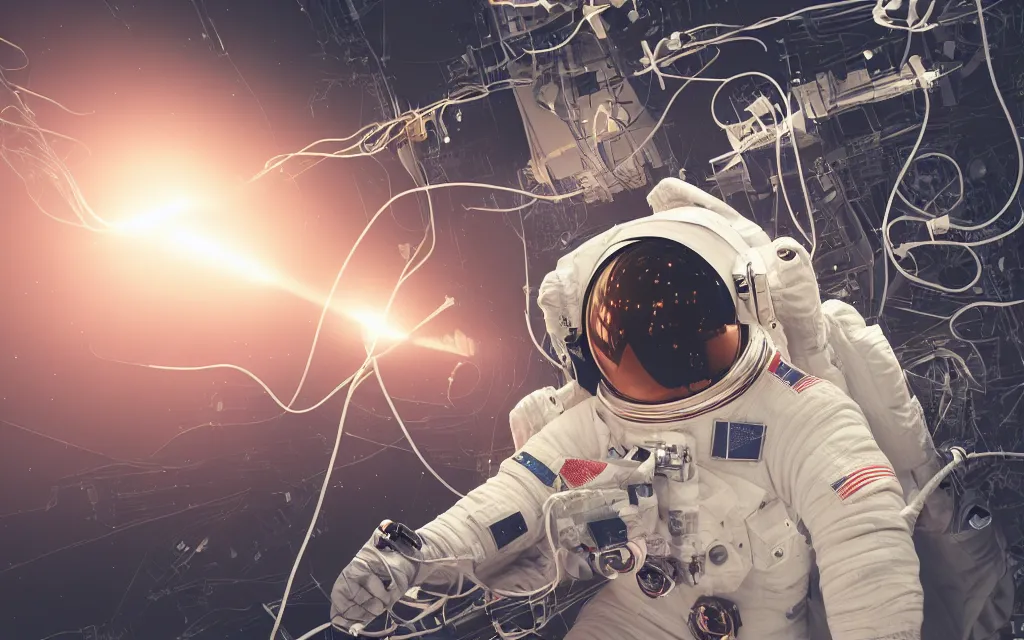 Image similar to astronaut connected by a lot of cables to a supercomputer designed by Dieter Rams, cinematic lighting, haze, octane render, lens flare