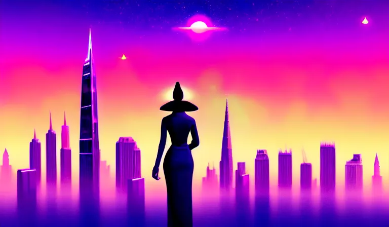 Image similar to a beautiful and immaculate futuristic city. the silhouette of a young woman with a hat standing above a building. vaporwave ombre rendering. outrun style. trending on artstation. recommended for you behance. by chris moore. by edward hopper. beeple colors. metropolis filmic. gotham city.