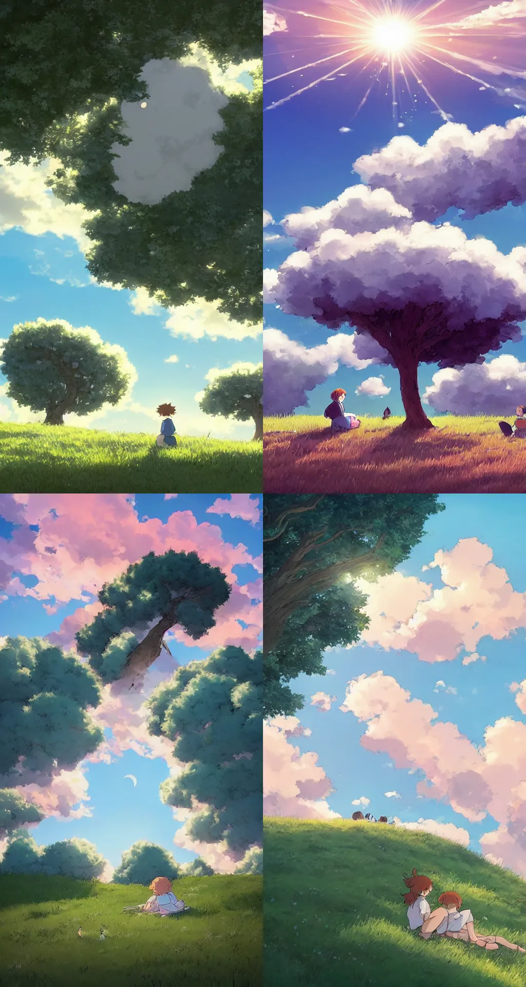 Prompt: a gigantic fluffly cloud in the style of ghibli, at sunset over a grassy hill with a gentle breeze, flock of white birds high in the sky, a couple rests in the shadow of a lone single wide oak, the moon appears high in the sky, discreet lensflare and sunflare and bloom, by makoto shinkai