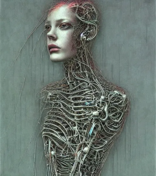 Prompt: portrait of woman connected to biomechanical machine by zdislaw beksinski, beautiful, masterpiece, award - winning, complex