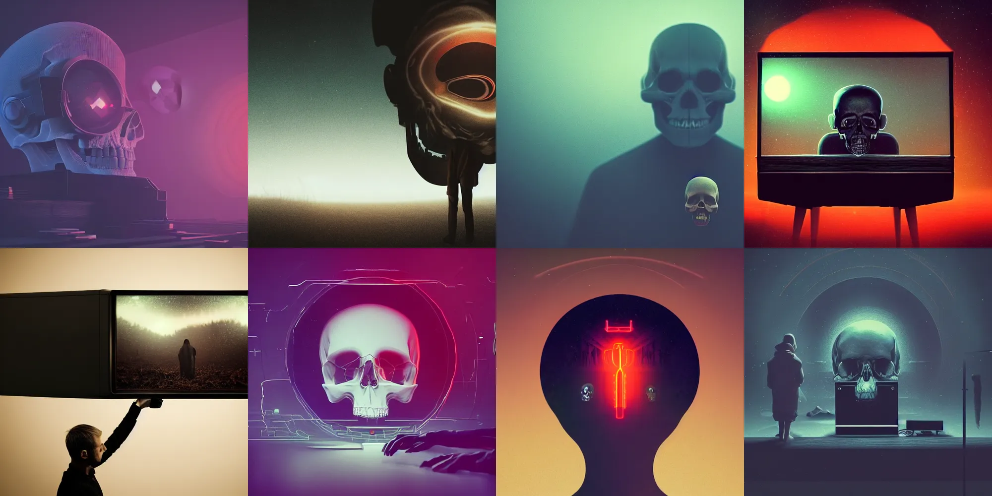 Prompt: beautiful dark landscape, person with old television head, skull on the screen, in the style of beeple and Mike Winkelmann, intricate, epic lighting, cinematic composition, hyper realistic, 8k resolution,