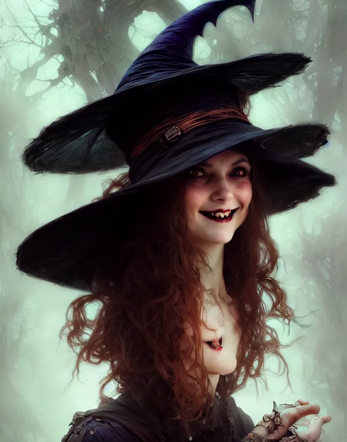 Image similar to halloween witch woman in a hat smiles, fantasy magic by ruan jia, undercut hairstyle, dark light night, intricate, elegant, sharp focus, illustration, highly detailed, digital painting, concept art, matte, art by wlop and artgerm and greg rutkowski and alphonse mucha, masterpiece