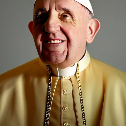 Image similar to portrait of a pope, wearing gold gangster chains, with gold teeth, studio portrait, studio lighting, studio photography, 5 0 mm, 4 k