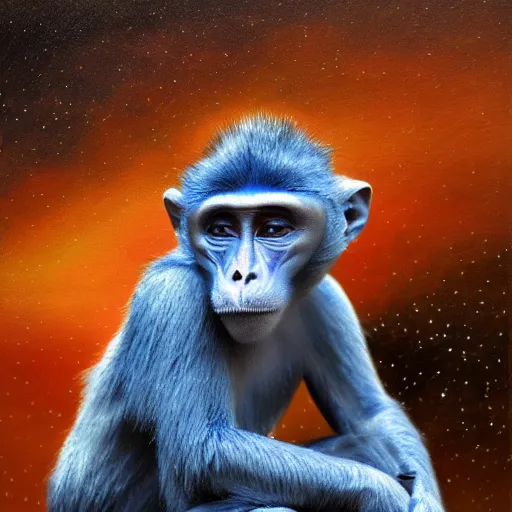 Image similar to wise blue monkey looking out over the universe, melancholy, oil on canvas, intricate, 8 k highly professionally detailed, hdr, cgsociety