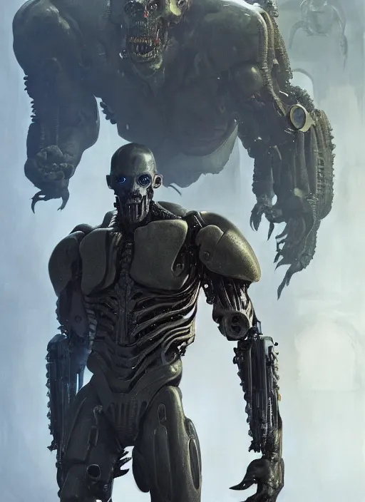 Image similar to james cameron as victor stone, full body concept, cyborg, borg, strogg, face of a man, terminator, flesh, quake strogg, doom demon, wolfenstein, monstrous, powerful, symmetry, symmetrical, concept art by ruan jia and greg rutkowski