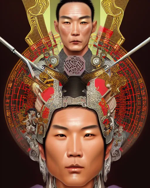 Image similar to portrait of a chinese masculine male cyberpunk machine, machine face, upper half portrait, decorated with chinese opera motifs, muscular, asian, fine china, wuxia, traditional chinese art intricate intense elegant 京 剧 highly detailed symmetry headpiece digital painting artstation concept art smooth sharp focus illustration, art by artgerm and greg rutkowski alphonse mucha 8 k