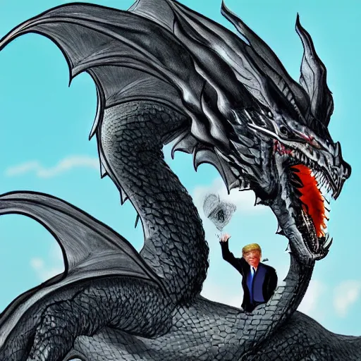 Image similar to trump riding a dragon, digital art