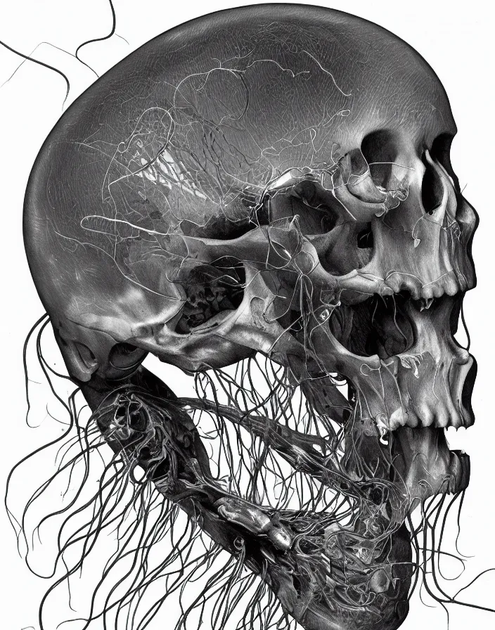 Image similar to an anatomical illustration of a jellyfish skull from a medical journal by Nychos and Alex Grey, highly detailed, high detail, 8k