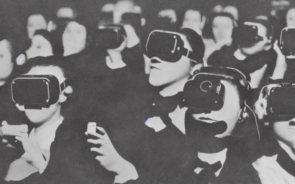 Image similar to 1 9 0 0 s photo of people using iphones ipods virtual reality headsets vr in a movie theater double exposure masterpiece