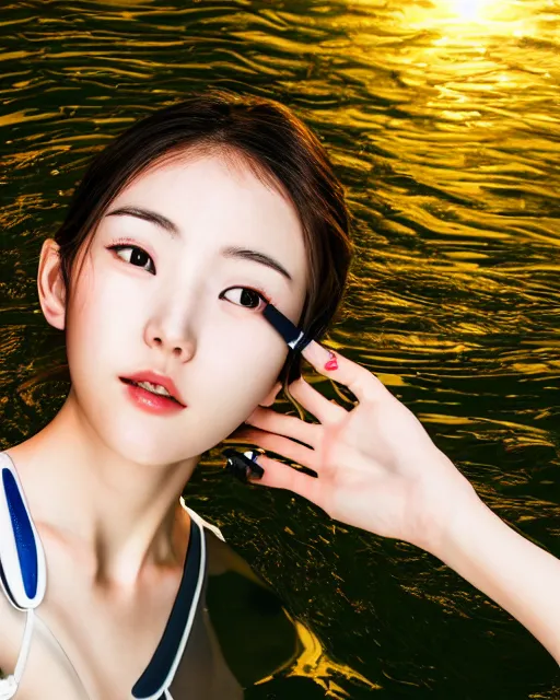 Image similar to beautiful centered photo portrait of korean girl as a solarpunk cyborg with white mechanical parts and implanted bright halogen lamps, treading on calm water, ultra - realistic and detailed, sun lit, white background, bokeh, soft focus, slow exposure hdr 8 k