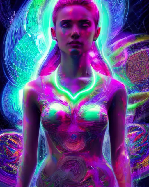 Image similar to a powerful energy psychedelic woman, by alexander fedosav, hyper detailed digital matte painting, concept art, hyperrealism, 1 6 k resolution, cinema 4 d, 8 k resolution, trending on artstation, behance hd, a masterpiece, by stephan martiniere, particles, cel - shaded, power bright neon energy, by david a. hardy,