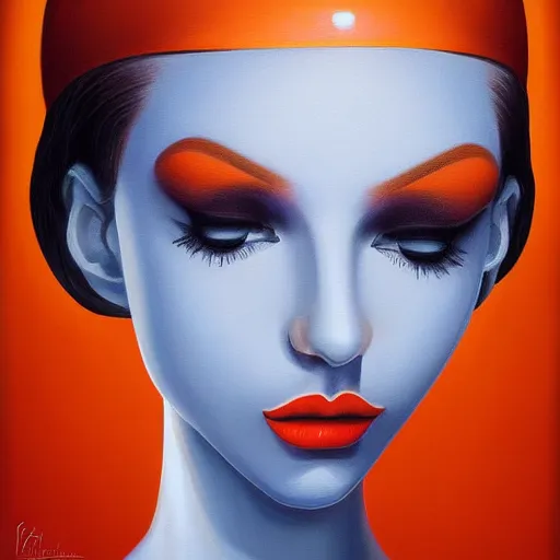 Prompt: a painting of a beautiful woman!!! wearing orange, an ultrafine detailed painting by rafal olbinski, behance contest winner, pop surrealism, detailed painting, very detailed, minimalist, airbrush art