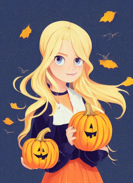 Prompt: little girl with long blonde hair holding a pumpkin. bats in the background. clean cel shaded vector art. shutterstock. behance hd by lois van baarle, artgerm, helen huang, by makoto shinkai and ilya kuvshinov, rossdraws, illustration, art by ilya kuvshinov