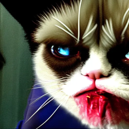 Prompt: Film still of Grumpy Cat as the Joker, from The Dark Knight (2008)