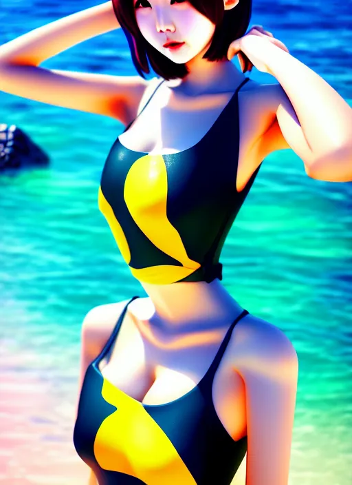 Image similar to ulzzang korean girl wearing one - piece swimsuit portrait, beach background, full body shot, ilya kuvshinov, anime, pixiv top monthly, trending on artstation, cinematic, danbooru, zerochan art, kyoto animation