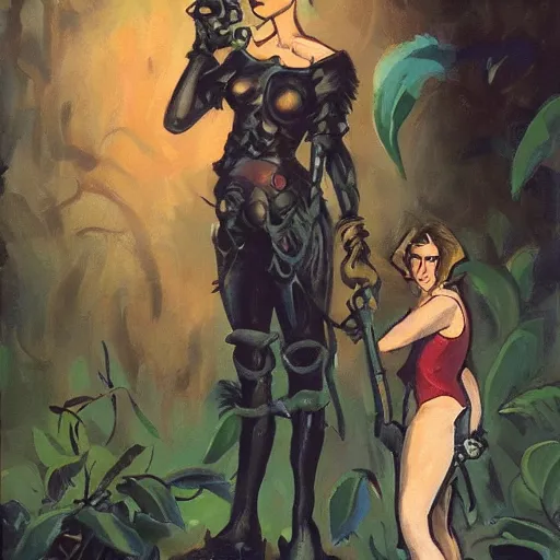 Image similar to short-haired heroic stoic handsome blonde butch tomboy woman engineer standing beside dark fae feathered Jennifer Connelly in garden, in love, Mike Mignola, trending on art station, oil painting