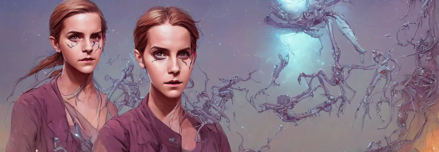 Image similar to surrealism art post grunge concept art, a study of an alien female Emma Watson, by josan gonzales and wlop, highly detailed, intricate, sci-fiish landscape, sharp focus, high detail, UHD, 4k, Trending on Artstation HQ, deviantart